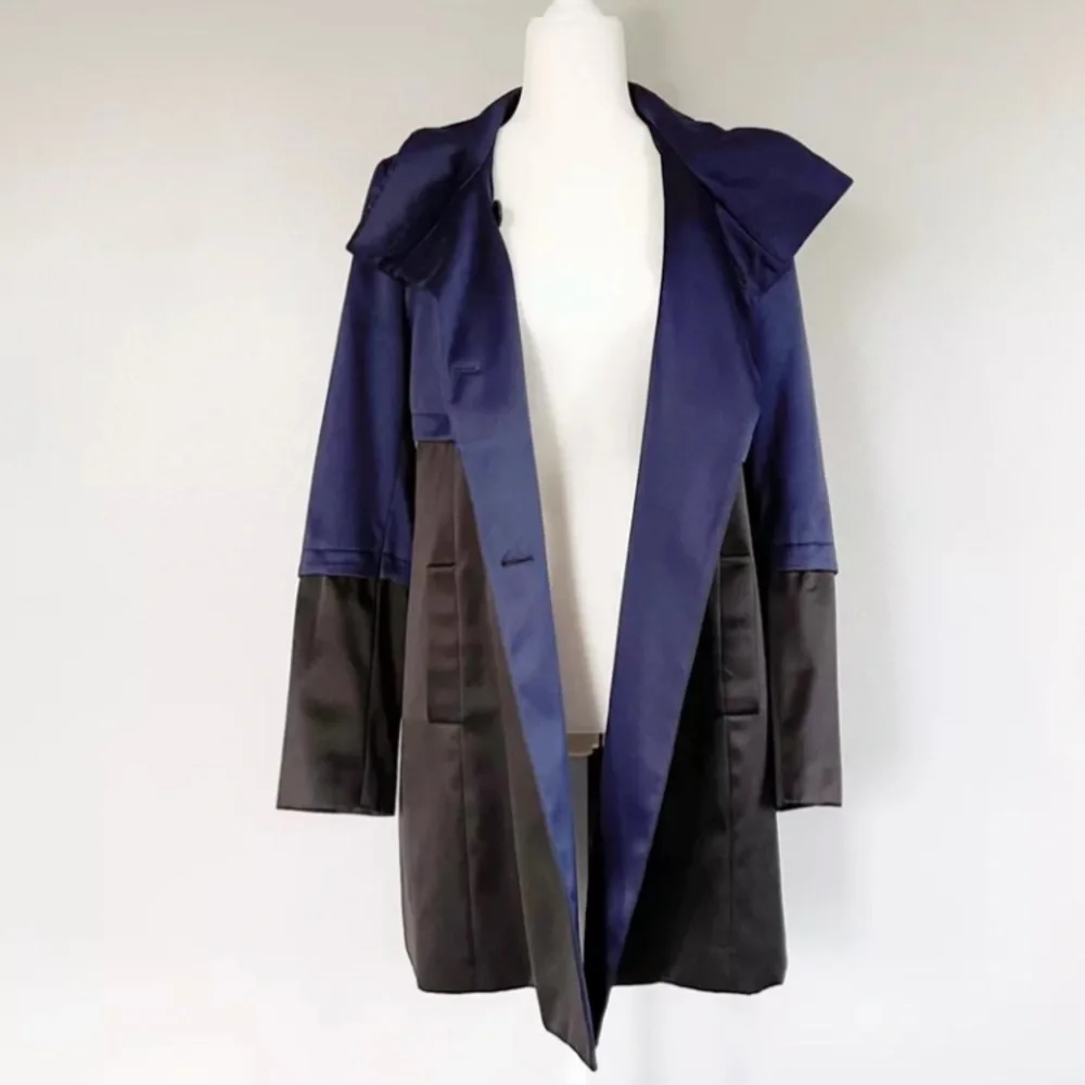 TAHARI Anya Blue / Black Colorblock Satin Women’s Water Resistant Coat (XS) - Picture 3 of 7